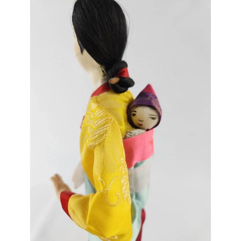 Vintage Handmade Korean Doll‎ w/ Baby Made In Seoul Korea Traditional Dress Wrap